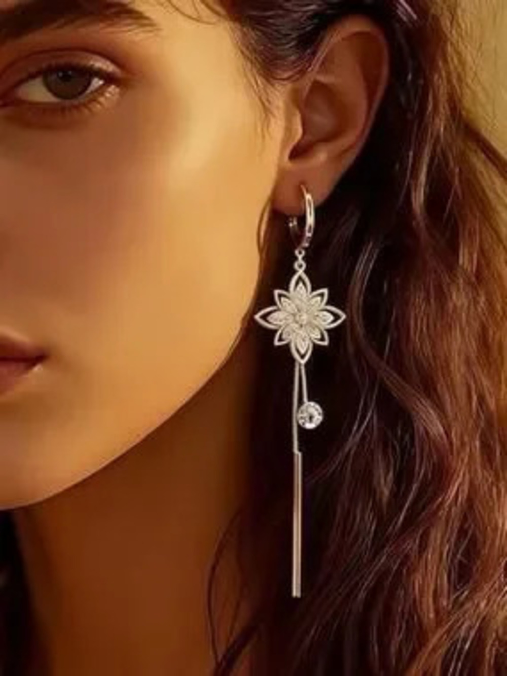 Anthropologie Silver Tone Floral Drop Earrings with Sparkling Crystal